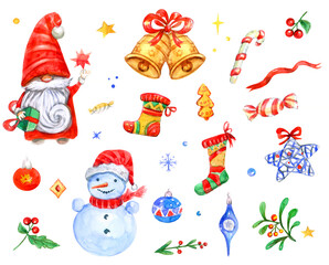 Christmas or New Year set with watercolor illustrations: gnome, snowman, bells, stars, toys, gifts, candies.