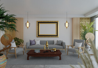 3D illustration Mockup photo frame in living room rendering