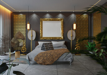 3D illustration Mockup photo frame in bedroom, rendering