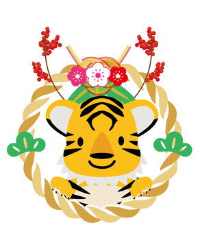寅年　年賀状素材　アイコン　干支の可愛い漫画タッチの虎としめ縄飾りのイラスト　お正月イメージ