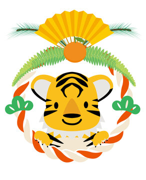 寅年　年賀状素材　アイコン　干支の可愛い漫画タッチの虎と紅白のしめ縄飾りのイラスト　お正月イメージ