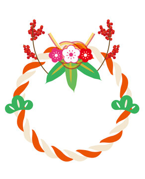 年賀状素材　アイコン　紅白のしめ縄飾りのイラスト　南天　水引き　笹　松　お正月イメージ