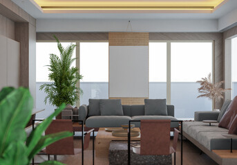 3D illustration Mockup photo frame in living room rendering