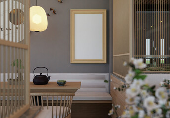 3D illustration Mockup photo frame in restaurant, rendering