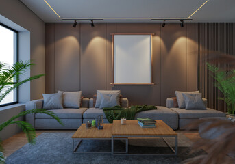 3D illustration Mockup photo frame in living room rendering