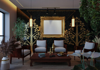 3D illustration Mockup photo frame in lounge rendering