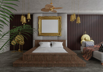 3D illustration Mockup photo frame in bedroom, rendering