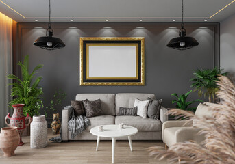 3D illustration Mockup photo frame in living room rendering