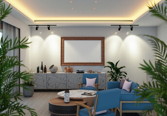 3D illustration Mockup photo frame in restaurant, rendering