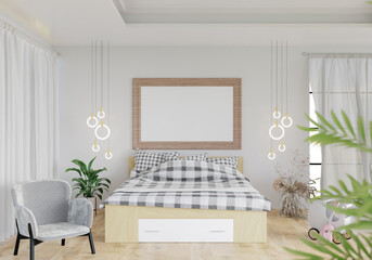 3D illustration Mockup photo frame in bedroom, rendering