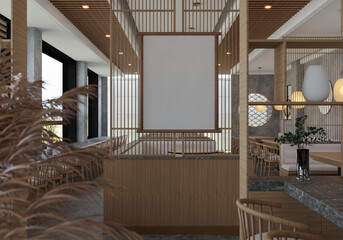 3D illustration Mockup photo frame in restaurant, rendering