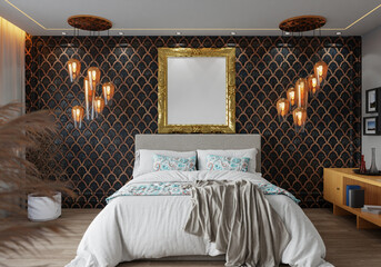 3D illustration Mockup photo frame in bedroom, rendering