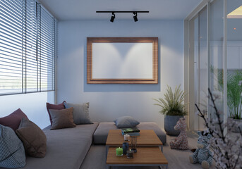 3D illustration Mockup photo frame in living room rendering