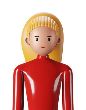Portrait 3d render of young woman cartoon character with blond hair color in red dress avatar cartoon is on white background 3d illustration rendering