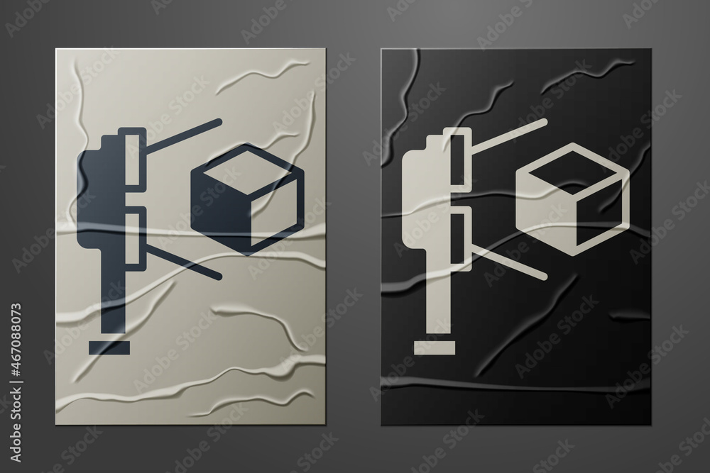 Poster white 3d scanner with cube projection icon isolated on crumpled paper background. paper art style. v