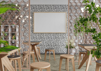 3D illustration Mockup photo frame in restaurant, rendering