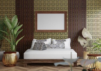 3D illustration Mockup photo frame in bedroom, rendering