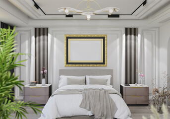 3D illustration Mockup photo frame in bedroom, rendering