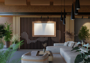 3D illustration Mockup photo frame in living room rendering