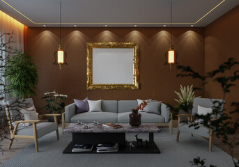3D illustration Mockup photo frame in living room rendering