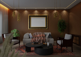 3D illustration Mockup photo frame in living room rendering