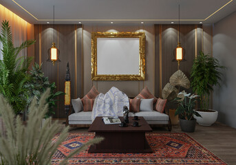 3D illustration Mockup photo frame in lounge room rendering