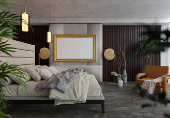 3D illustration Mockup photo frame in bedroom, rendering