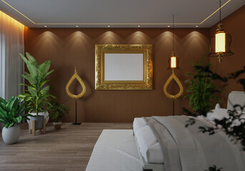3D illustration Mockup photo frame in bedroom, rendering
