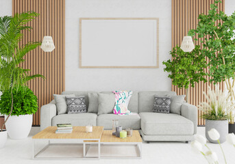 3D illustration Mockup photo frame in living room rendering