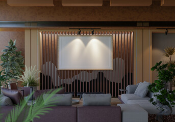 3D illustration Mockup photo frame in lounge room rendering