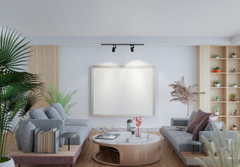 3D illustration Mockup photo frame in living room rendering