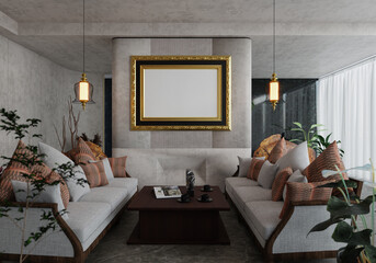 3D illustration Mockup photo frame in lounge room rendering