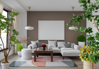 3D illustration Mockup photo frame in lounge room rendering