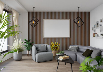 3D illustration Mockup photo frame in lounge room rendering