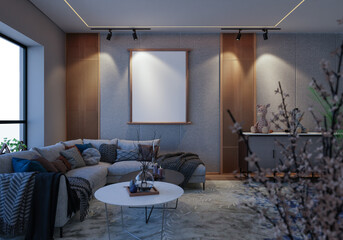 3D illustration Mockup photo frame in lounge room rendering
