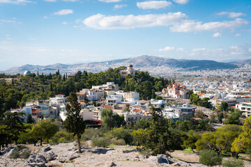 Fototapeta na wymiar Athens Observatory and city view from the Areopagus Hill.