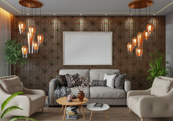 3D illustration Mockup photo frame in lounge room rendering