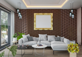 3D illustration Mockup photo frame in lounge room rendering