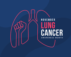 November Lung cancer awareness month text and pink line lung with Raised Hand symbol on dark blue curve texture background vector design