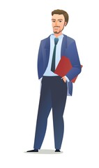Successful businessman. Cheerful persons in standing pose. Man in business suit and tie. Cartoon comic style flat design. Separate character. Illustration isolated on white background. Vector