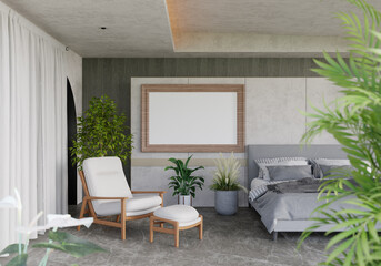 3D illustration Mockup photo frame in bedroom, rendering