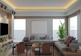 3D illustration Mockup photo frame in lounge room rendering