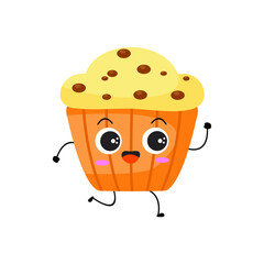 Kawaii cartoon of muffin character.   sweet dessert. Illustration emoji muffin in flat style. run, happy