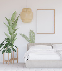 3D illustration Mockup photo frame in bedroom, rendering