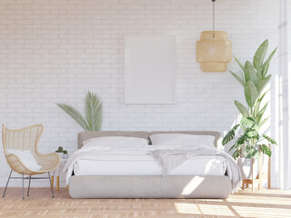 3D illustration Mockup photo frame in bedroom, rendering