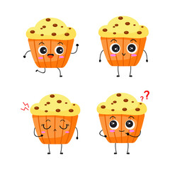 Kawaii cartoon of muffin character.   sweet dessert. Illustration emoji muffin in flat style. collection of cute expression 4