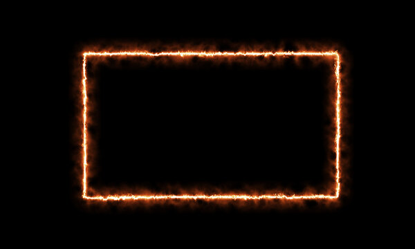 Empty Rectangle Fire Flames with copy Space in black background. Isolated Burning Rectangular Frame. Borders. 