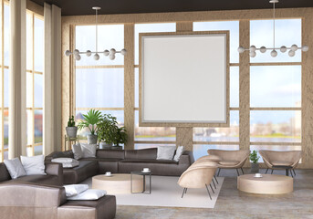 3D illustration Mockup photo frame in living room rendering