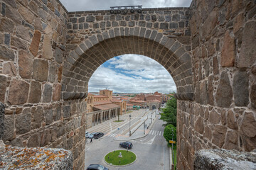 Gate of San Vicente, one of the entrances in the Walls of Avila, Spain. This site is a National Monument, and the old city was declared a World Heritage site by UNESCO