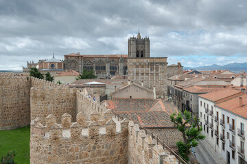 Walls of Avila, Spain, with the Cathedral at the back. This site is a National Monument, and the...